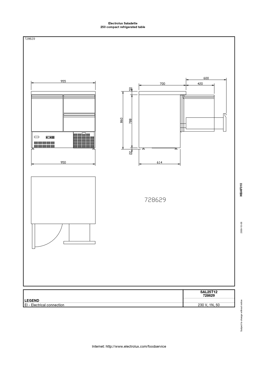 Electrolux 728630, 728634, 728633, 728632, 728629, 728631, SAL25T04, SAL25T12, SAL25N20 manual EI Electrical connection 230 V, 1N 