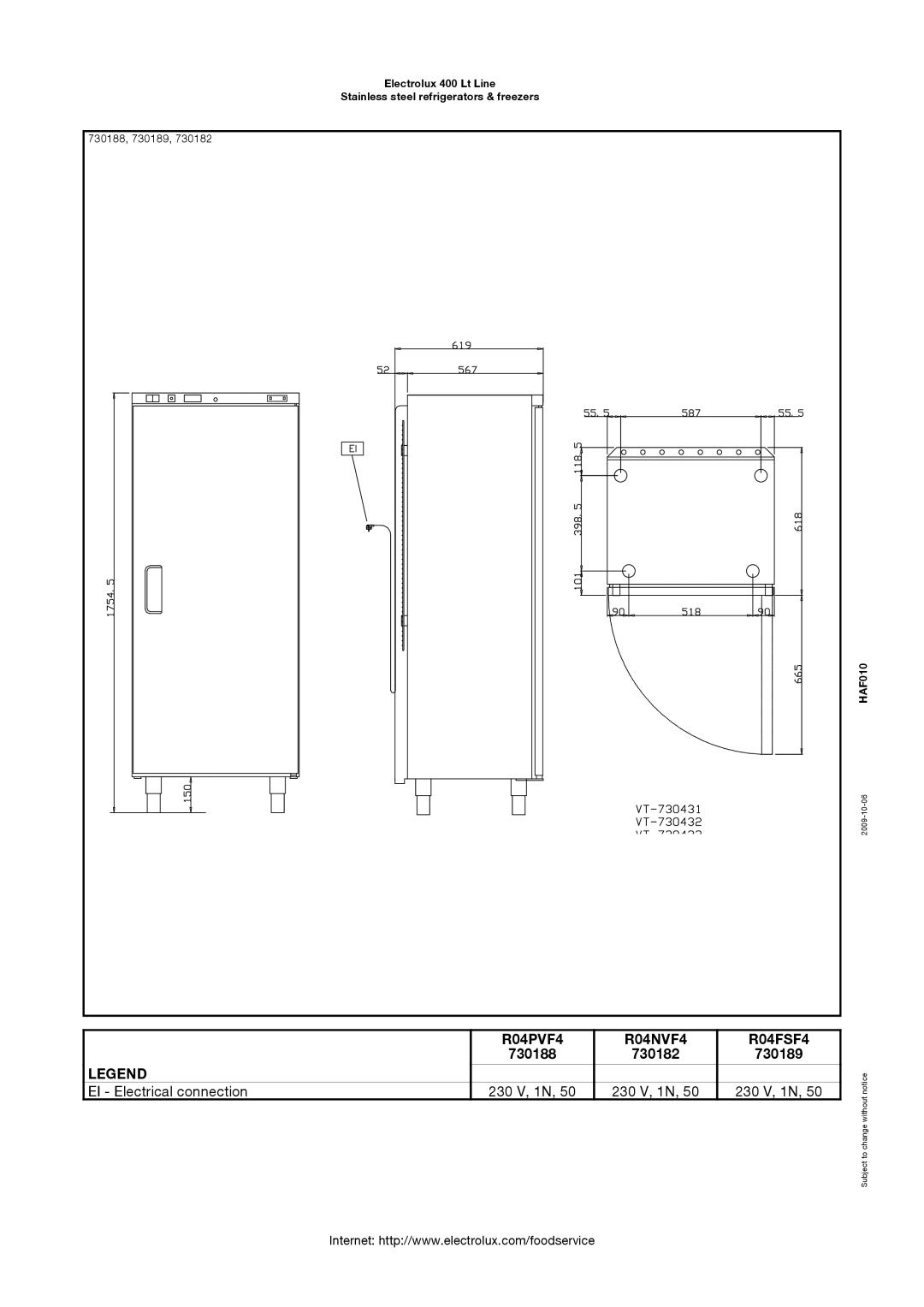 Electrolux 730183, 730190, R04PVG4, R04NVF4F dimensions R04PVF4 R04NVF4 R04FSF4, 730188 730182 730189 