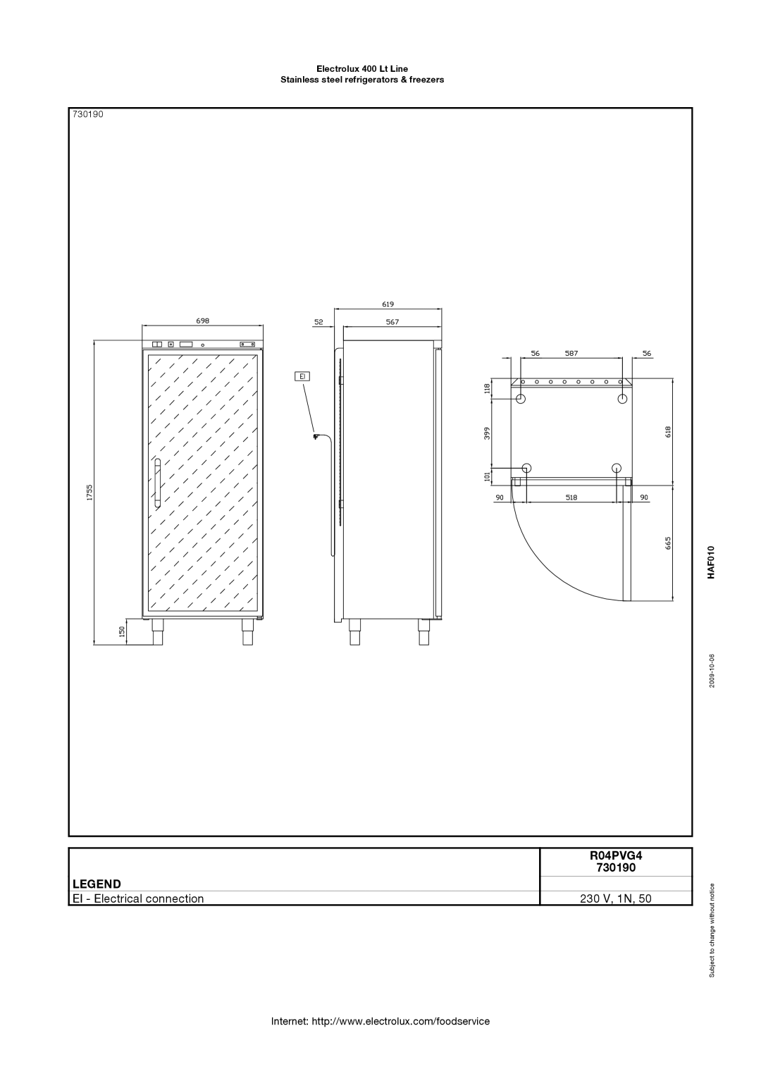 Electrolux 730188, 730182, 730189, 730183, R04PVG4, R04PVF4, R04FSF4, R04NVF4F dimensions 730190 