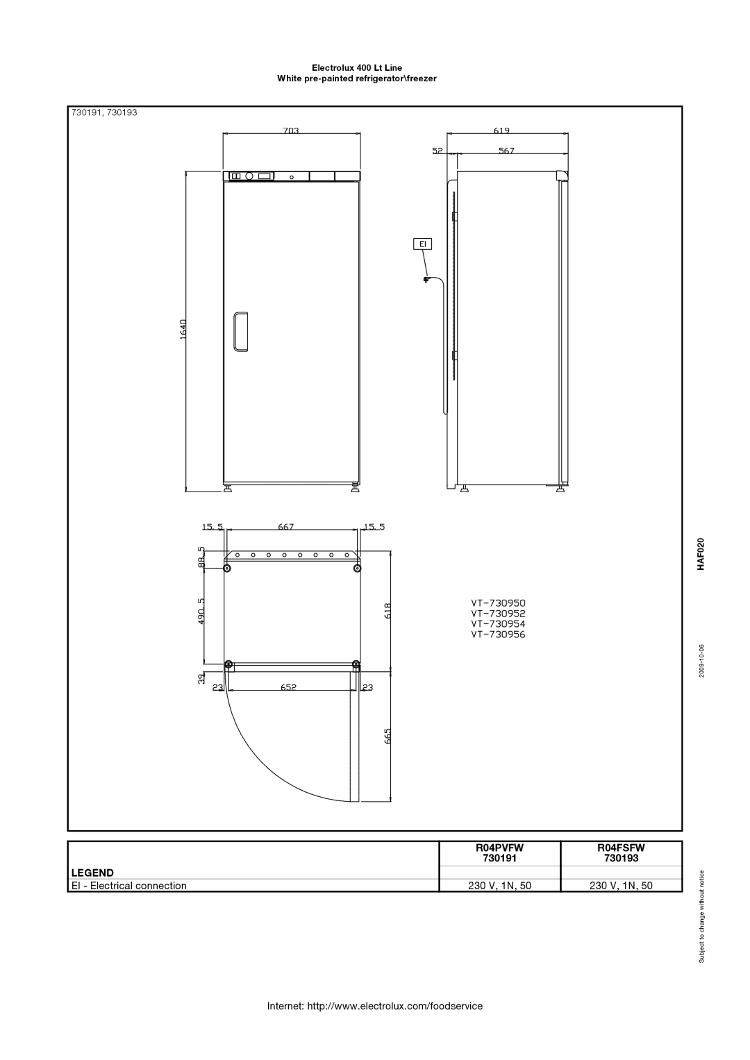 Electrolux R04PVGW, 730192 dimensions R04PVFW R04FSFW, 730191 730193 230 V, 1N 