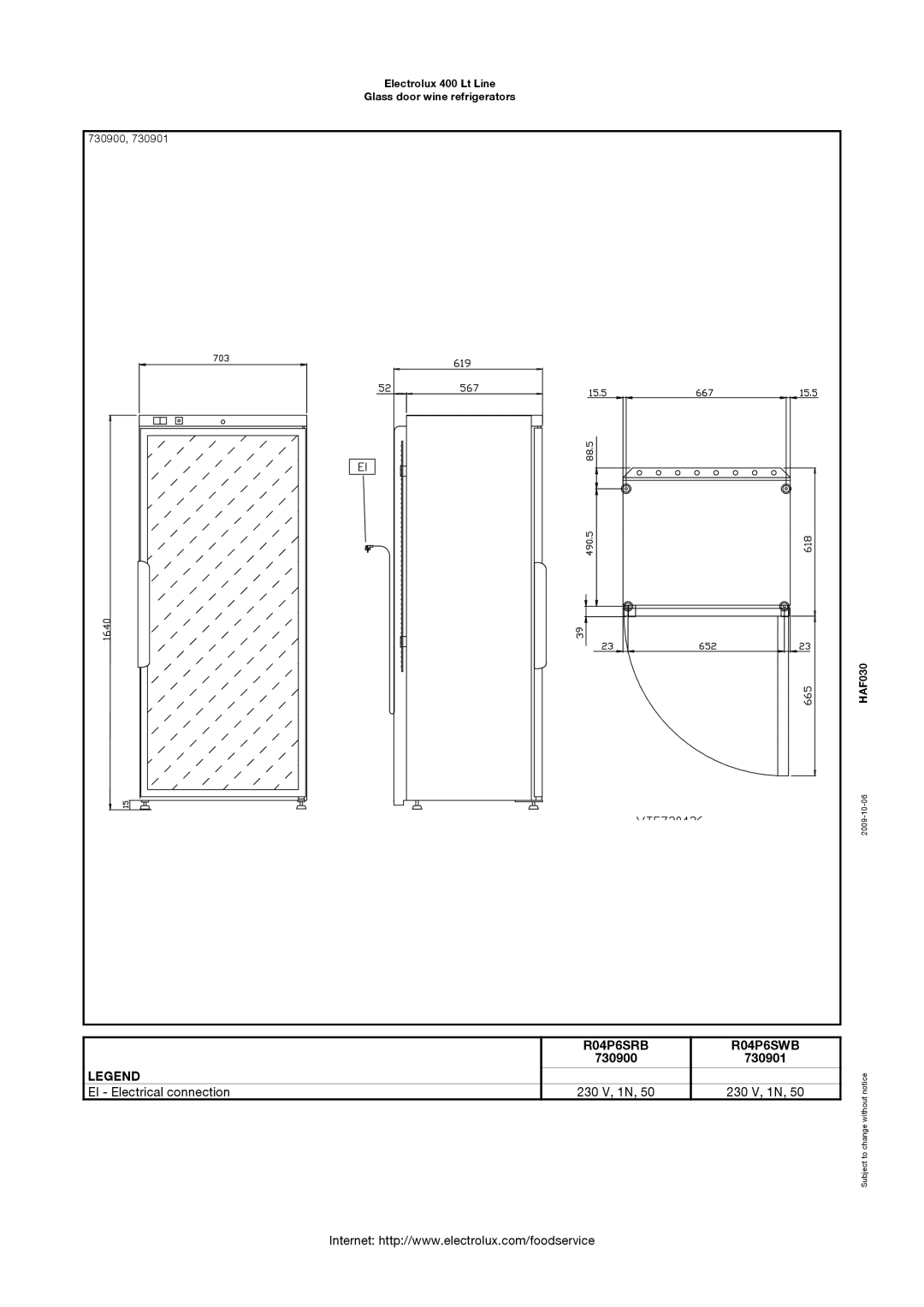 Electrolux R04P6SWB, 730901, 730900, R04P6SRB dimensions EI Electrical connection 230 V, 1N 