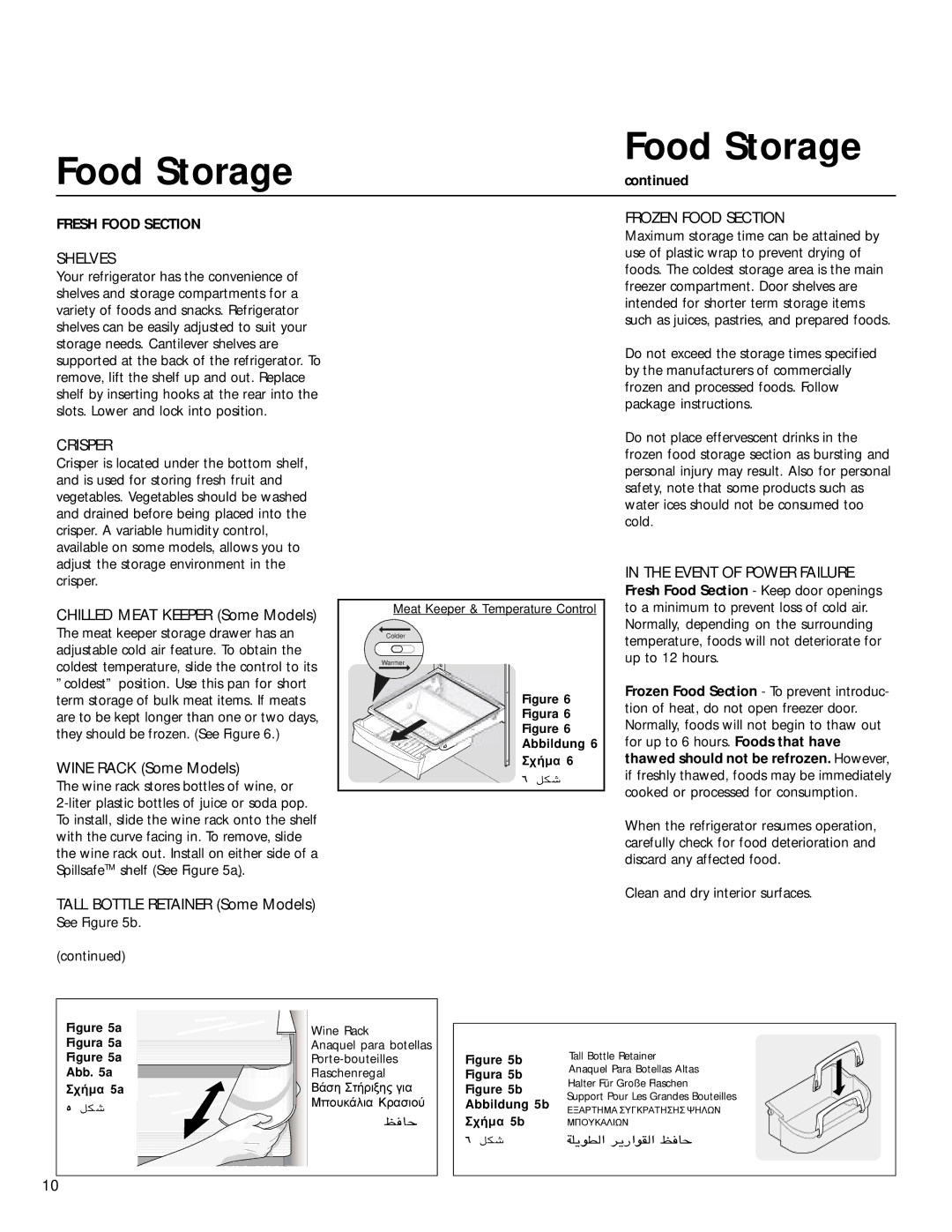 Electrolux 7380KG, 7388KG Food Storage, Shelves, Crisper, Frozen Food Section, Event of Power Failure 