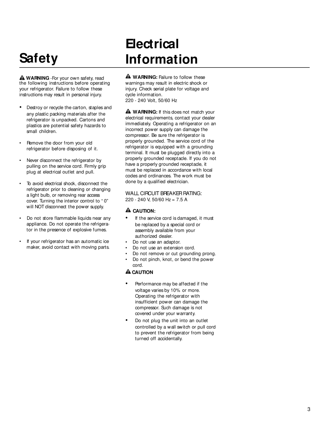 Electrolux 7388KG, 7380KG installation instructions Electrical Safety Information, Wall Circuit Breaker Rating 