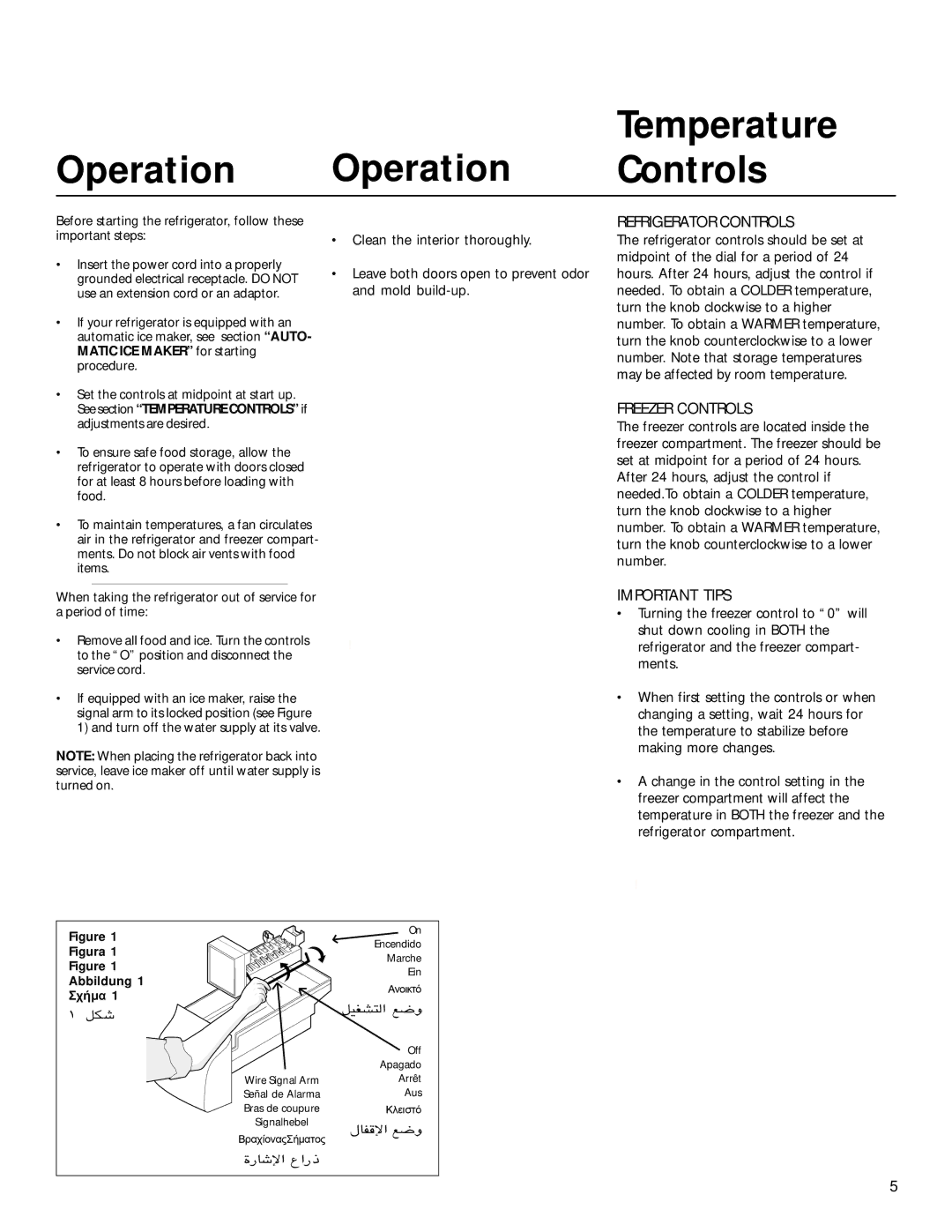 Electrolux 7388KG Temperature Operation Operation Controls, Refrigerator Controls, Freezer Controls, Important Tips 