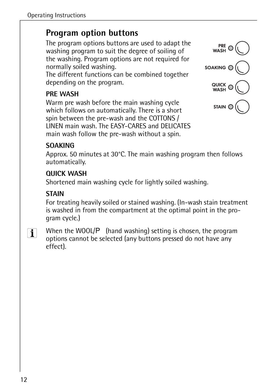 Electrolux 74335 manual Program option buttons 