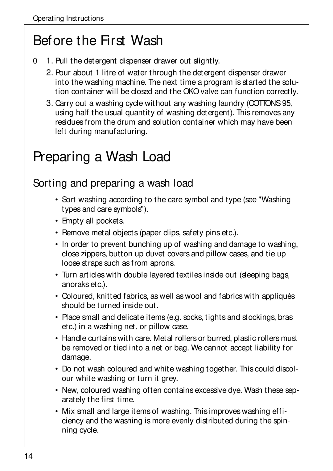 Electrolux 74335 manual Before the First Wash, Preparing a Wash Load, Sorting and preparing a wash load 