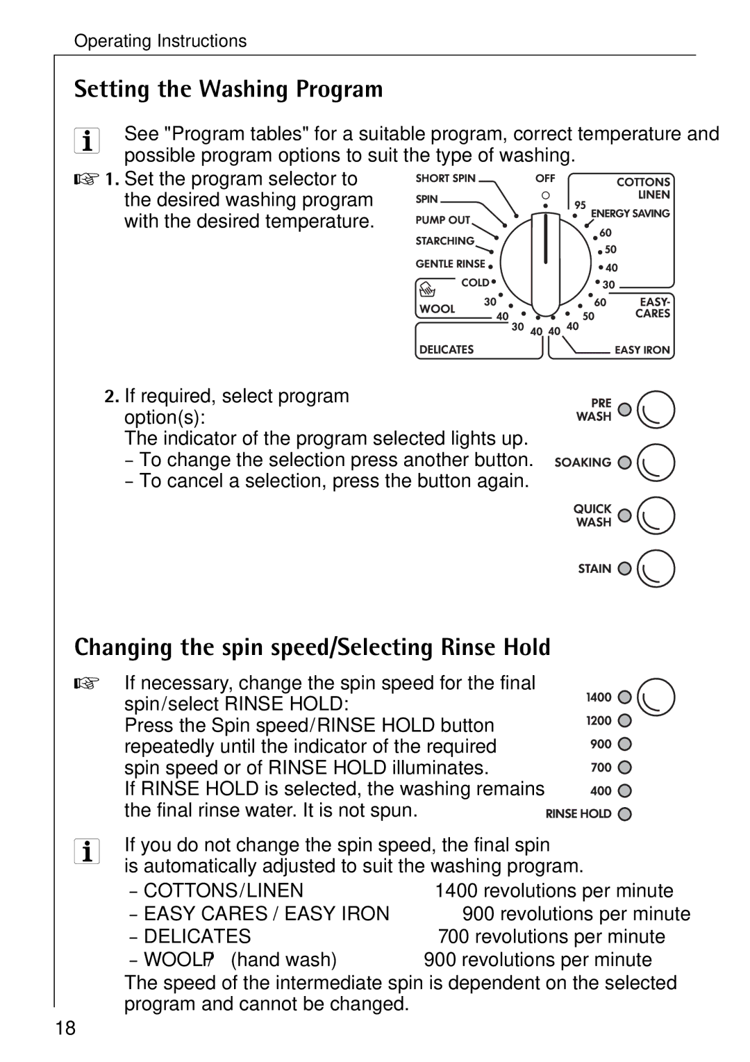 Electrolux 74335 manual Setting the Washing Program, Changing the spin speed/Selecting Rinse Hold 