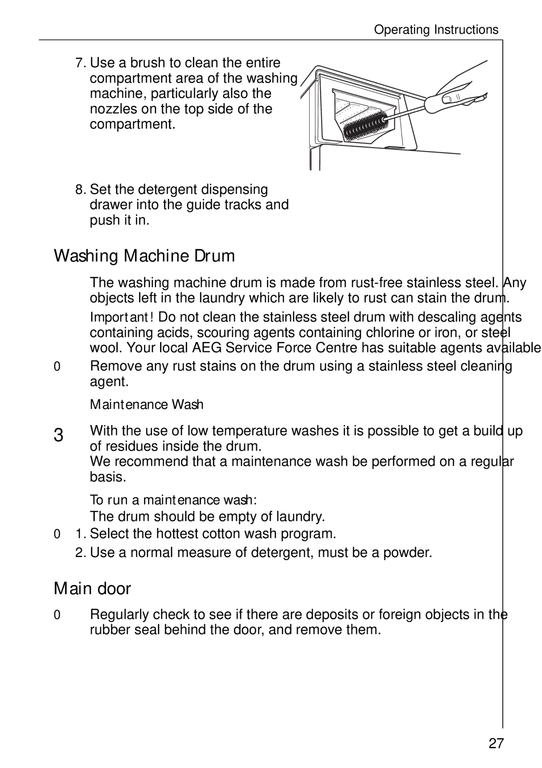 Electrolux 74335 manual Washing Machine Drum, Main door, Maintenance Wash, To run a maintenance wash 