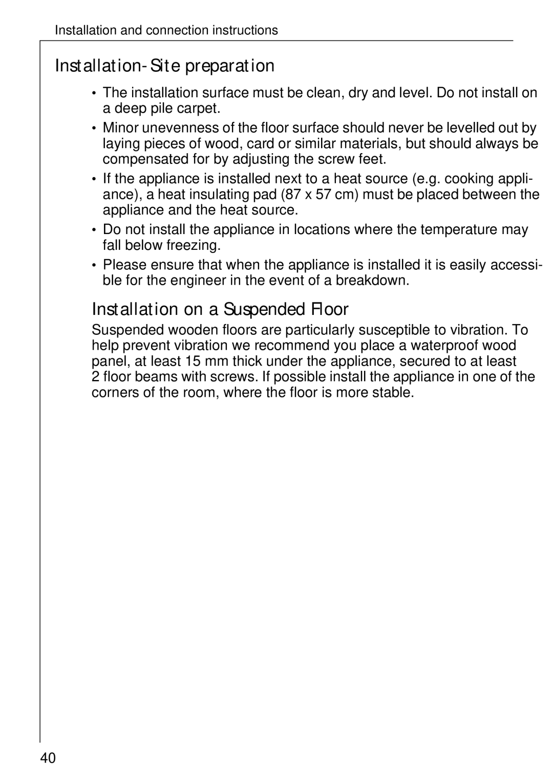 Electrolux 74335 manual Installation-Site preparation, Installation on a Suspended Floor 