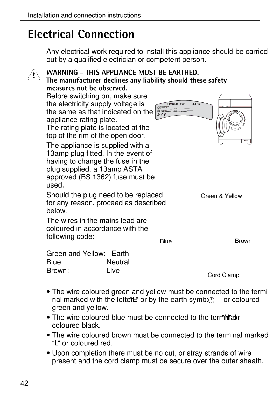 Electrolux 74335 manual Electrical Connection, Measures not be observed, Earth Blue Neutral Brown Live 