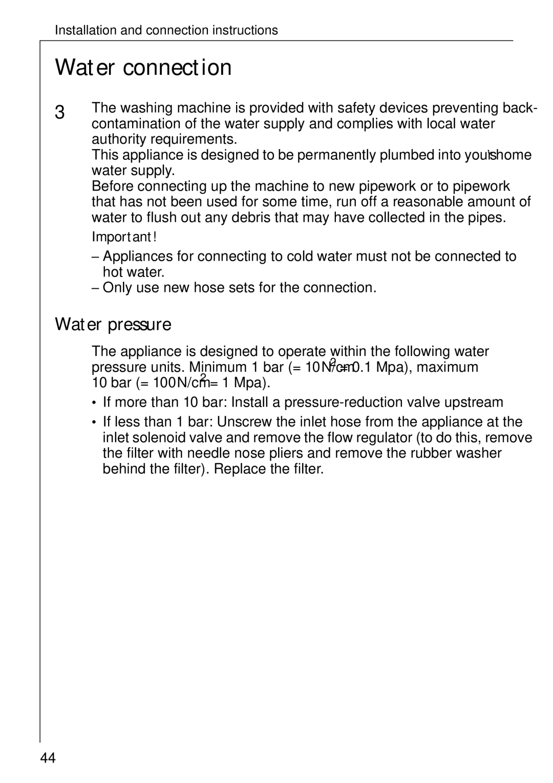 Electrolux 74335 manual Water connection, Water pressure 