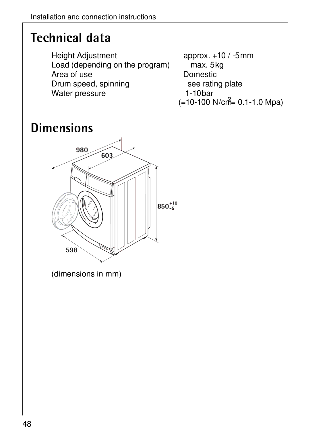 Electrolux 74335 manual Technical data, Dimensions in mm 