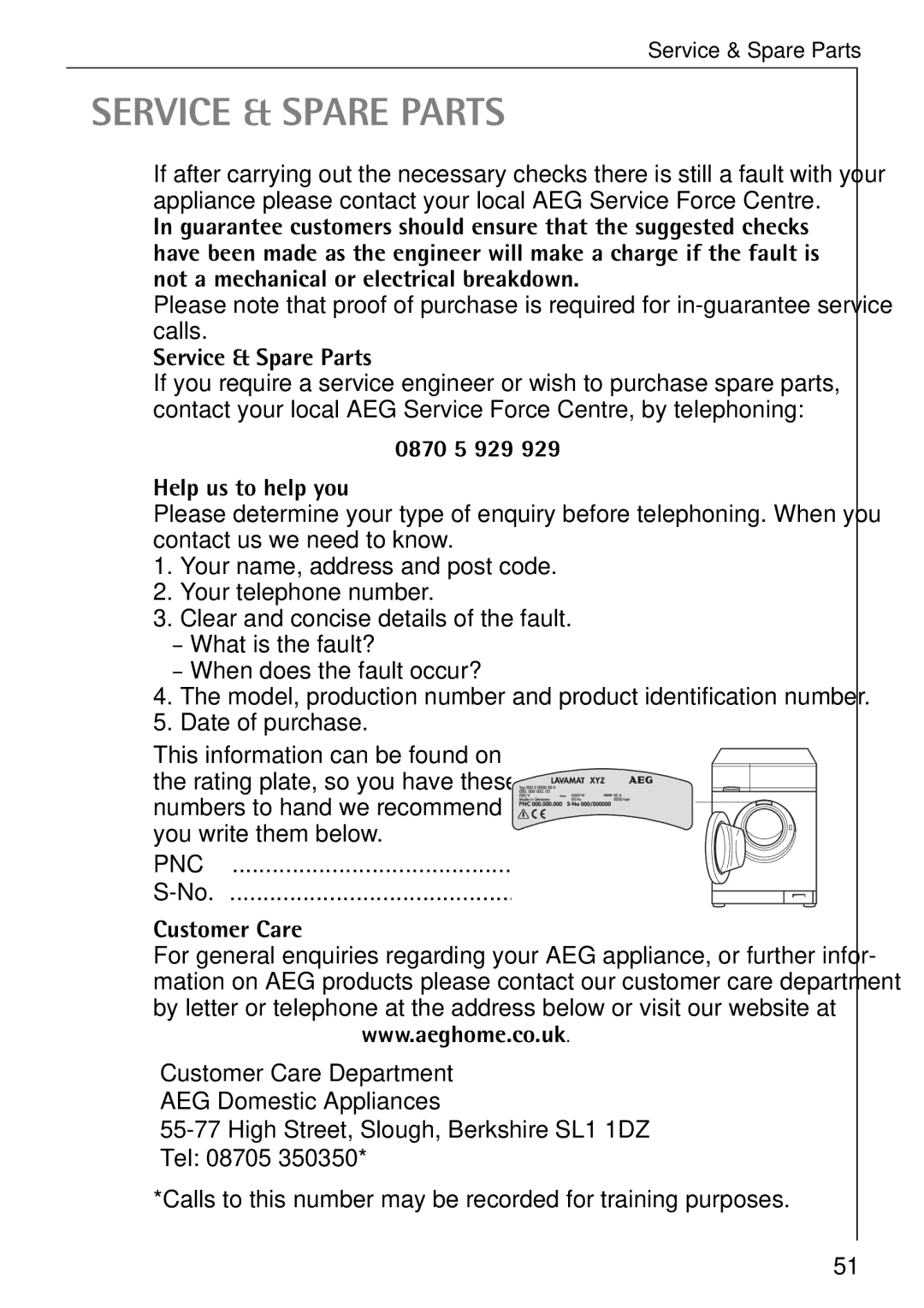 Electrolux 74335 manual Service & Spare Parts, 0870 5 929 Help us to help you, Pnc, Customer Care 