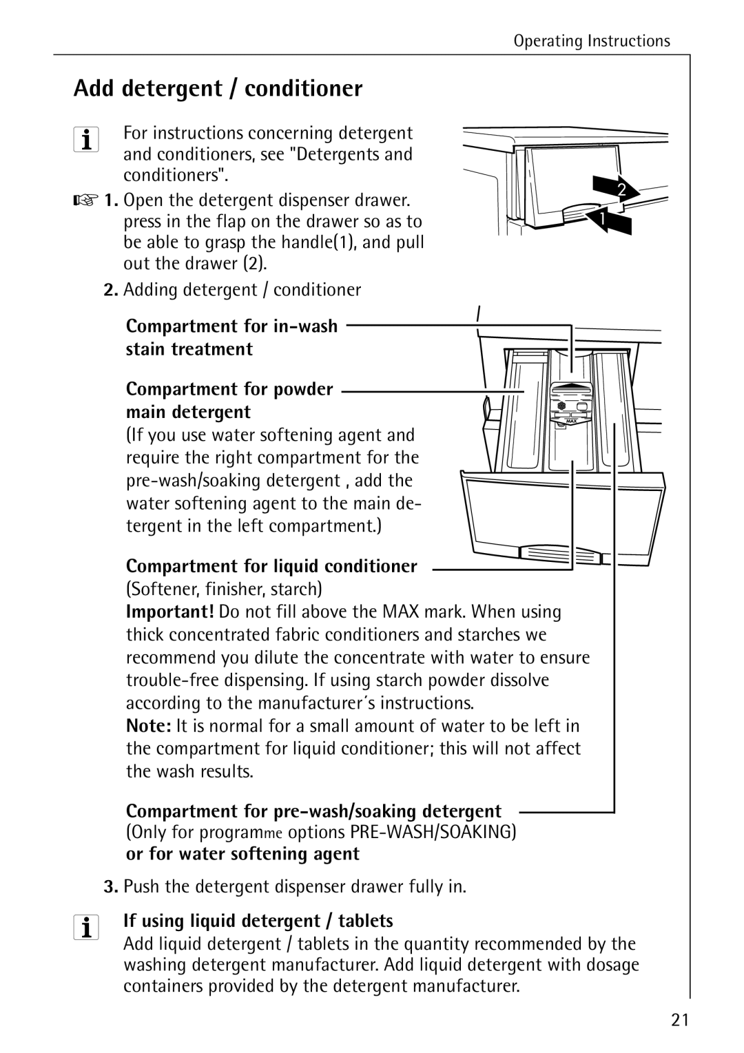 Electrolux 74630 manual Add detergent / conditioner, Conditioners, Adding detergent / conditioner 