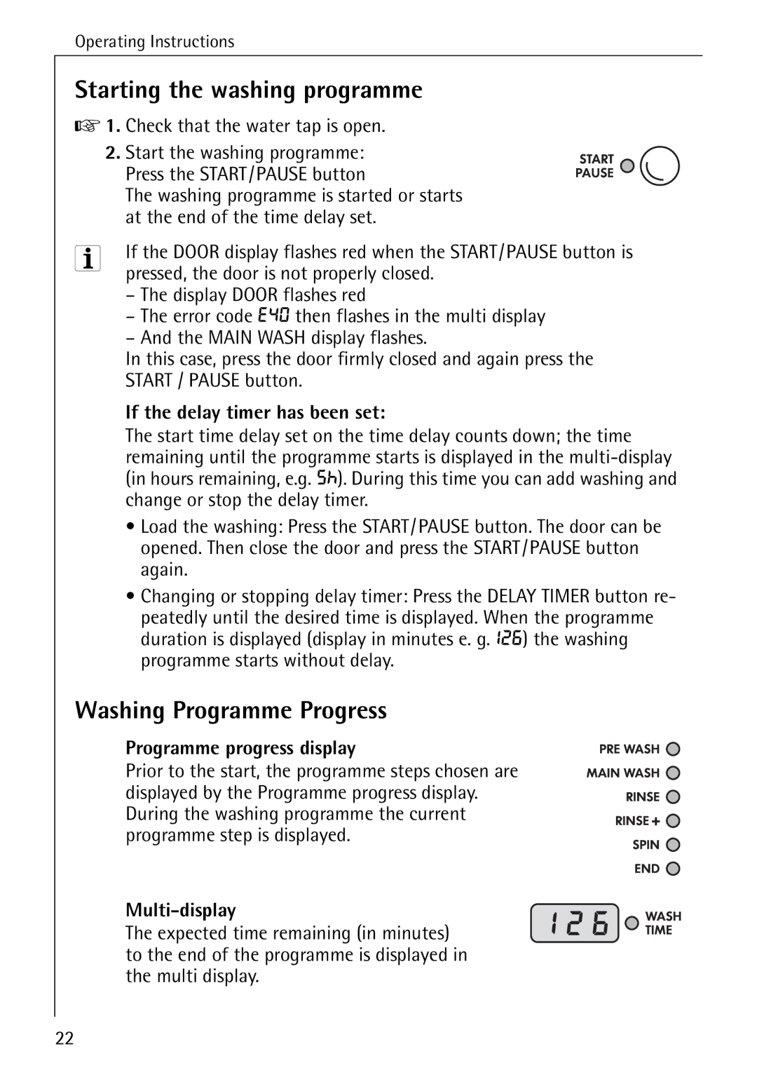 Electrolux 74630 manual Starting the washing programme, Washing Programme Progress, If the delay timer has been set 