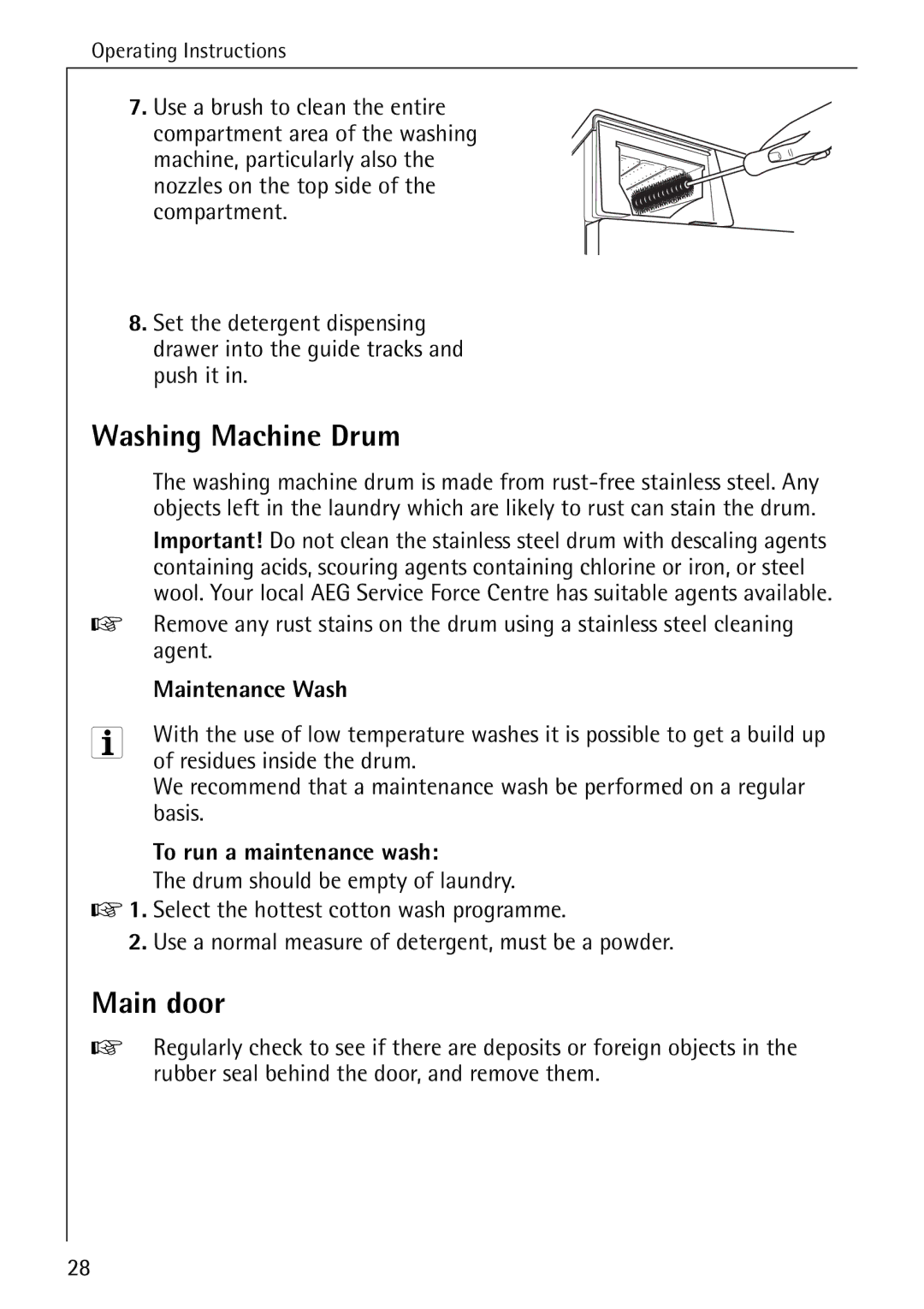 Electrolux 74630 Washing Machine Drum, Main door, Maintenance Wash, Residues inside the drum, To run a maintenance wash 