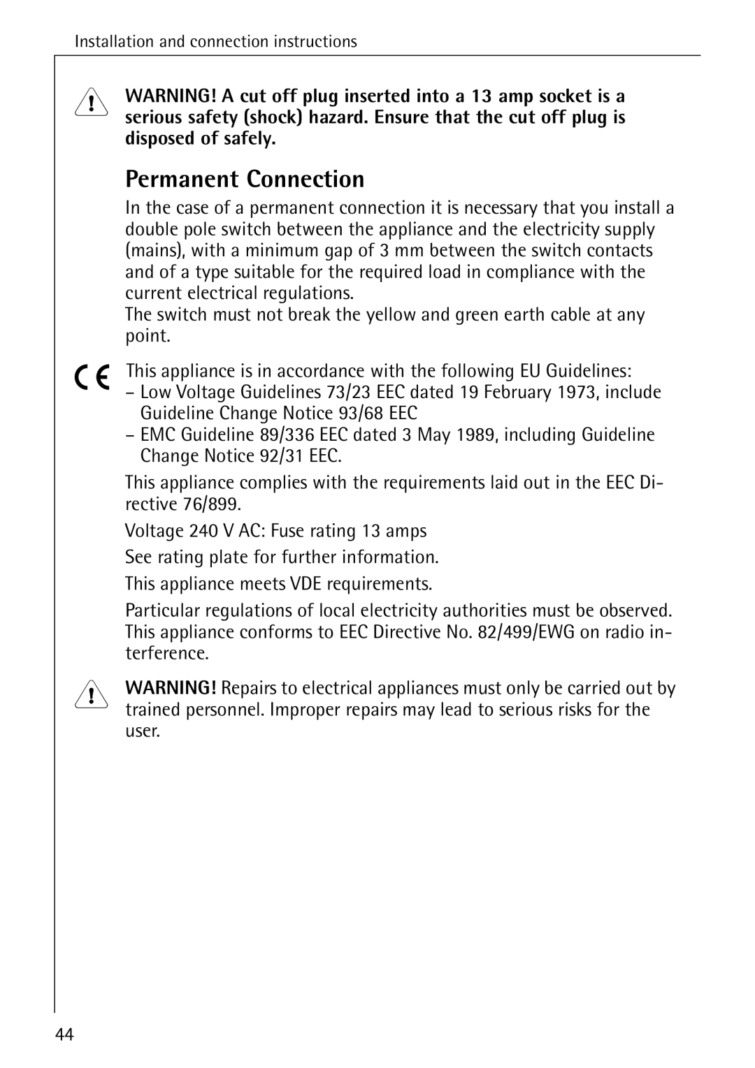 Electrolux 74630 manual Permanent Connection, Disposed of safely 