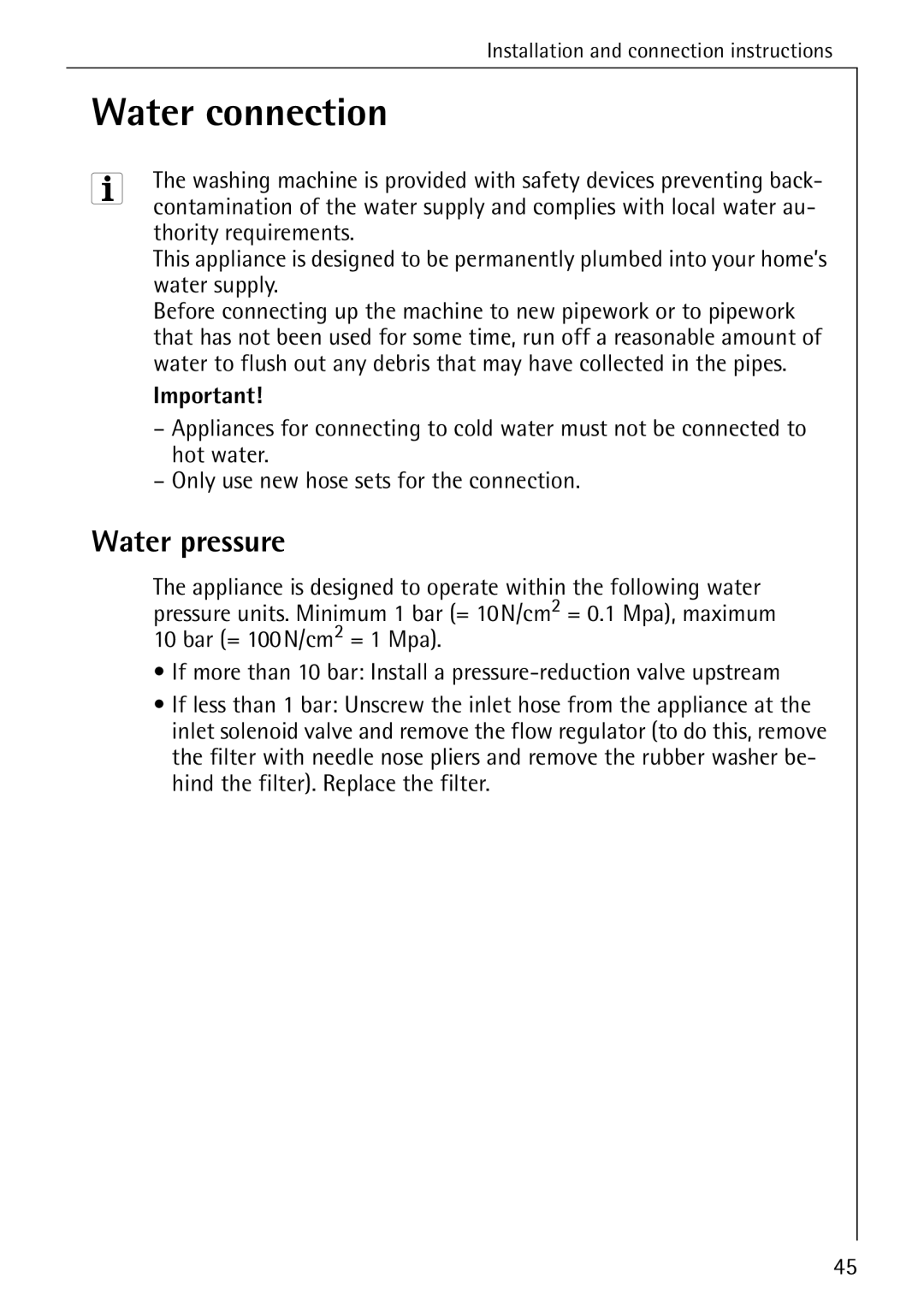 Electrolux 74630 manual Water connection, Water pressure 