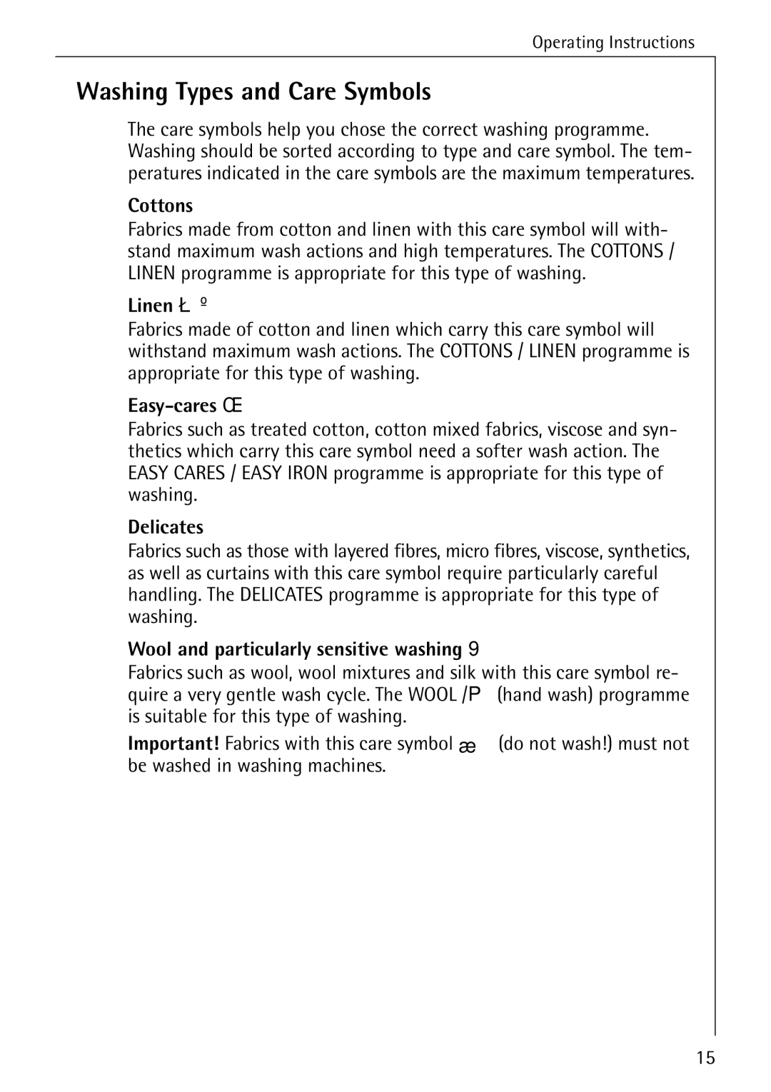 Electrolux 74640 manual Washing Types and Care Symbols 