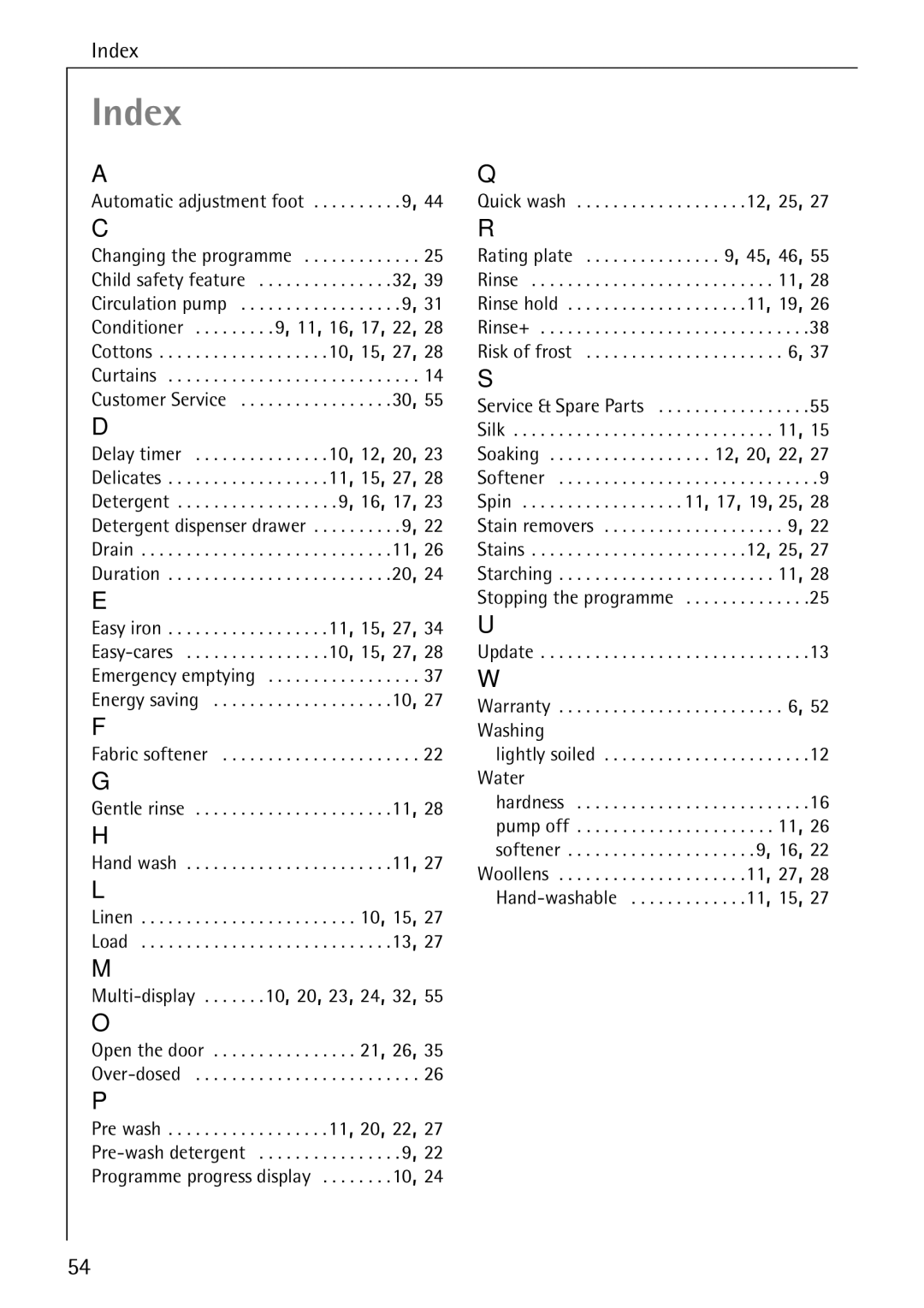 Electrolux 74640 manual Index 