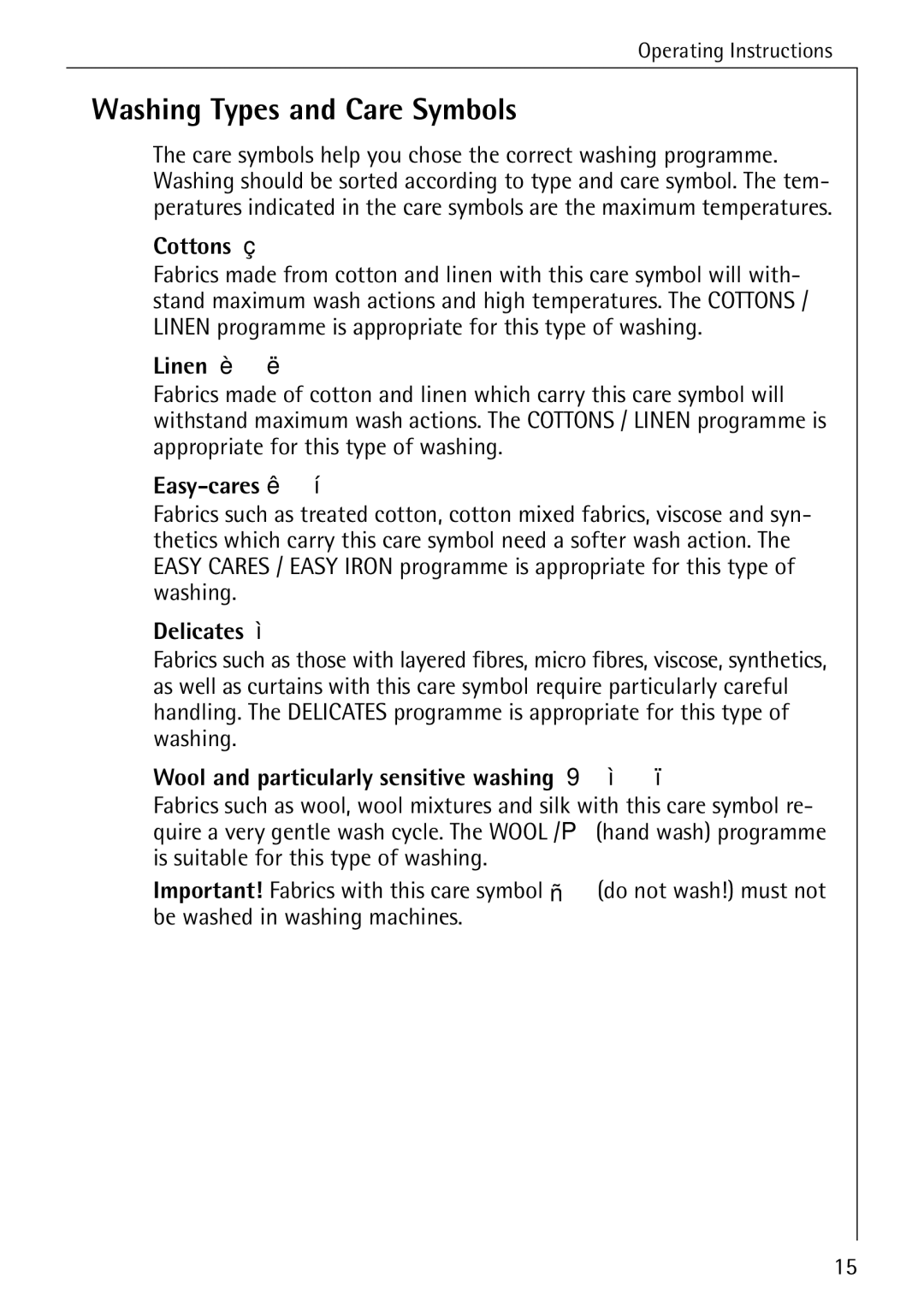 Electrolux 74689 manual Washing Types and Care Symbols 