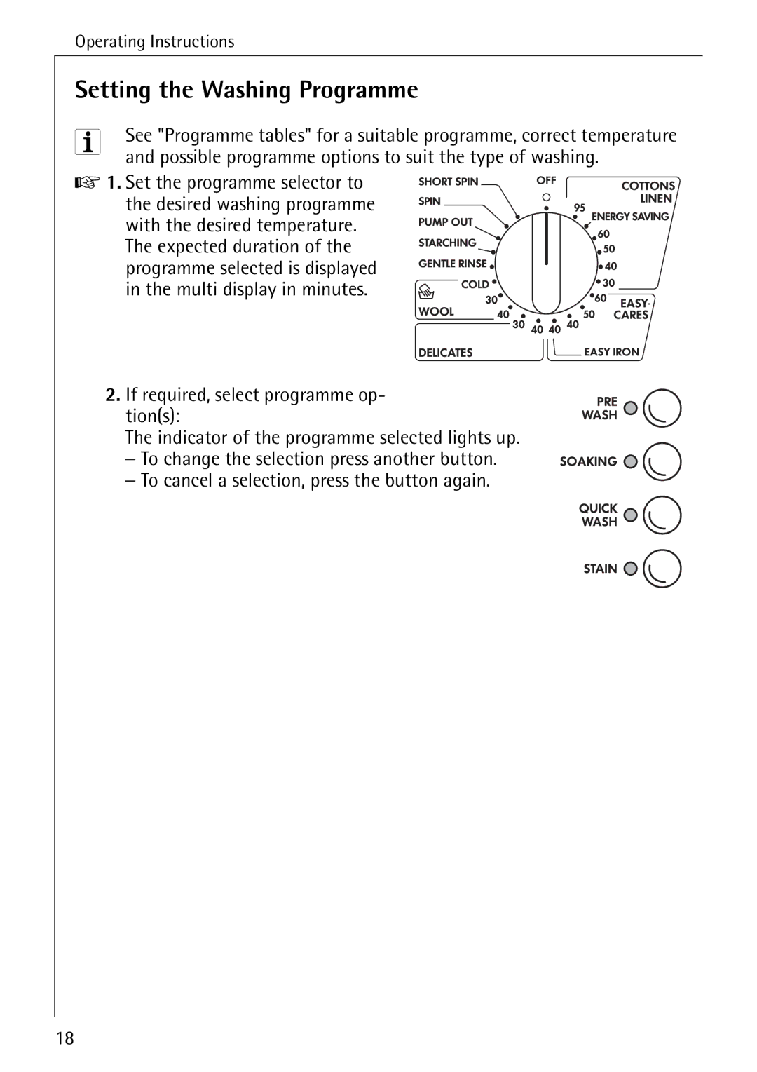 Electrolux 74689 manual Setting the Washing Programme, Possible programme options to suit the type of washing 