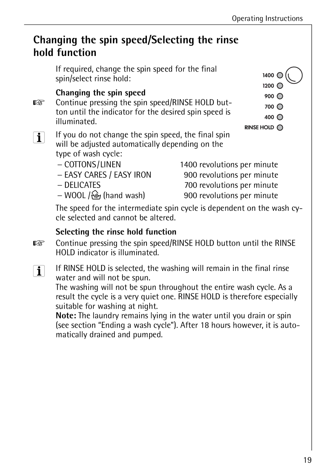 Electrolux 74689 manual Changing the spin speed/Selecting the rinse hold function 