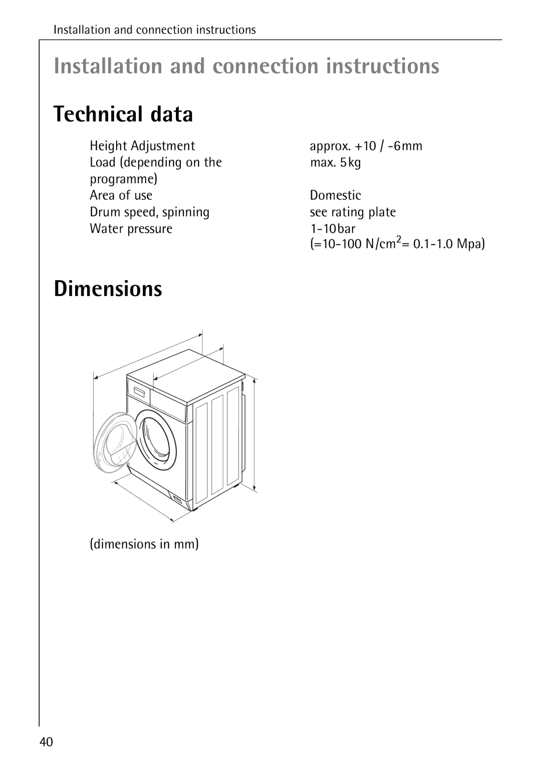 Electrolux 74689 manual Technical data, Dimensions in mm 