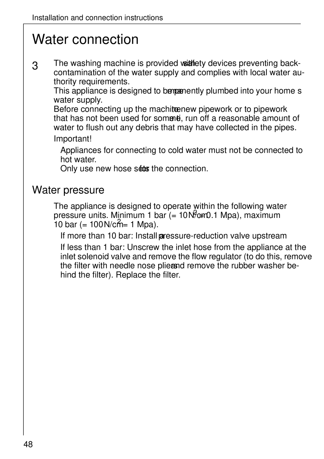 Electrolux 74689 manual Water connection, Water pressure 