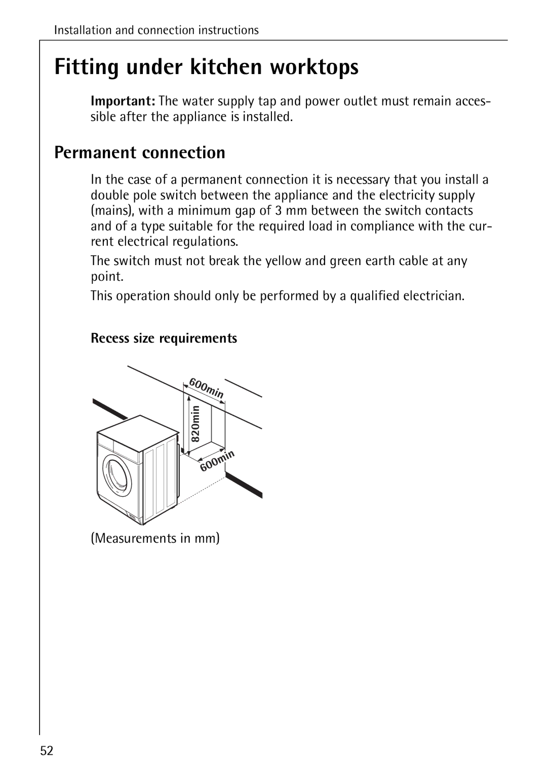 Electrolux 74689 manual Fitting under kitchen worktops, Recess size requirements, Measurements in mm 