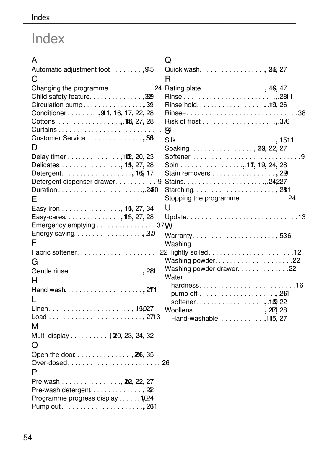 Electrolux 74689 manual Index 