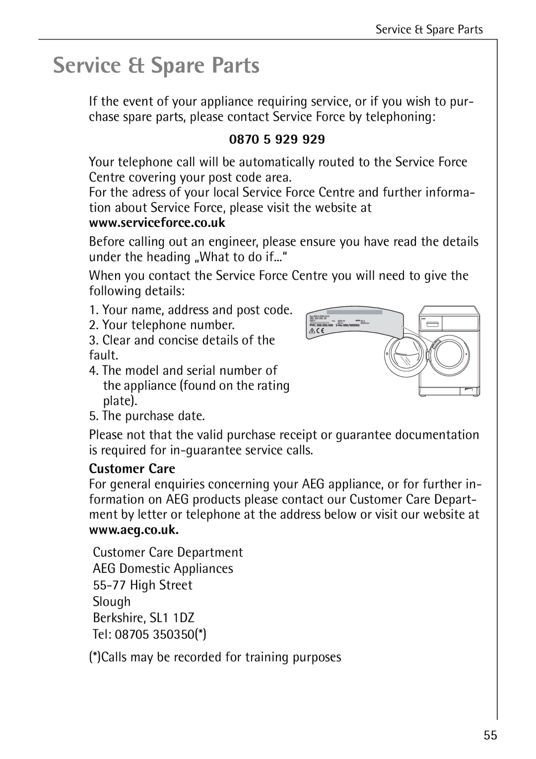 Electrolux 74689 manual 0870 5 929, Customer Care 