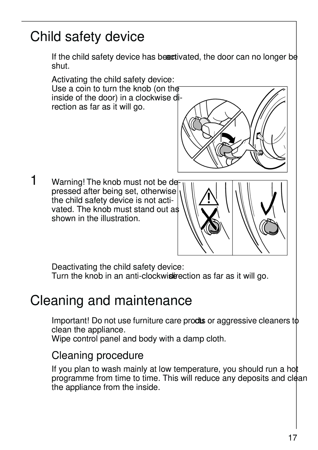 Electrolux 74825 Child safety device, Cleaning and maintenance, Cleaning procedure, Deactivating the child safety device 