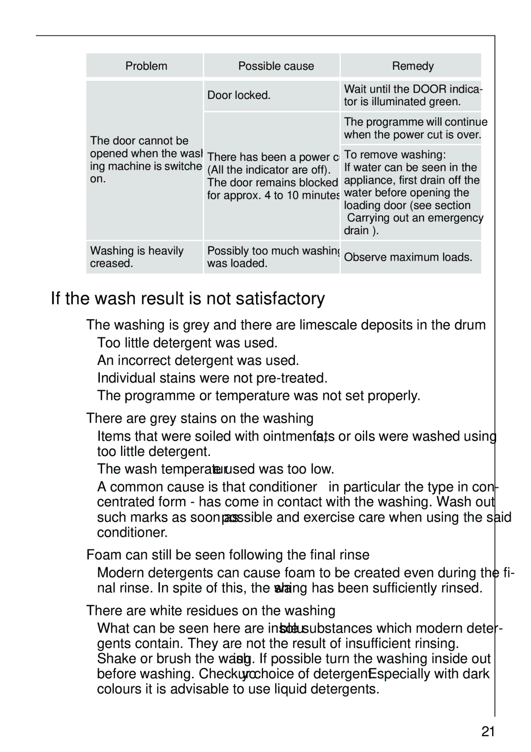 Electrolux 74825 manual If the wash result is not satisfactory, There are grey stains on the washing 