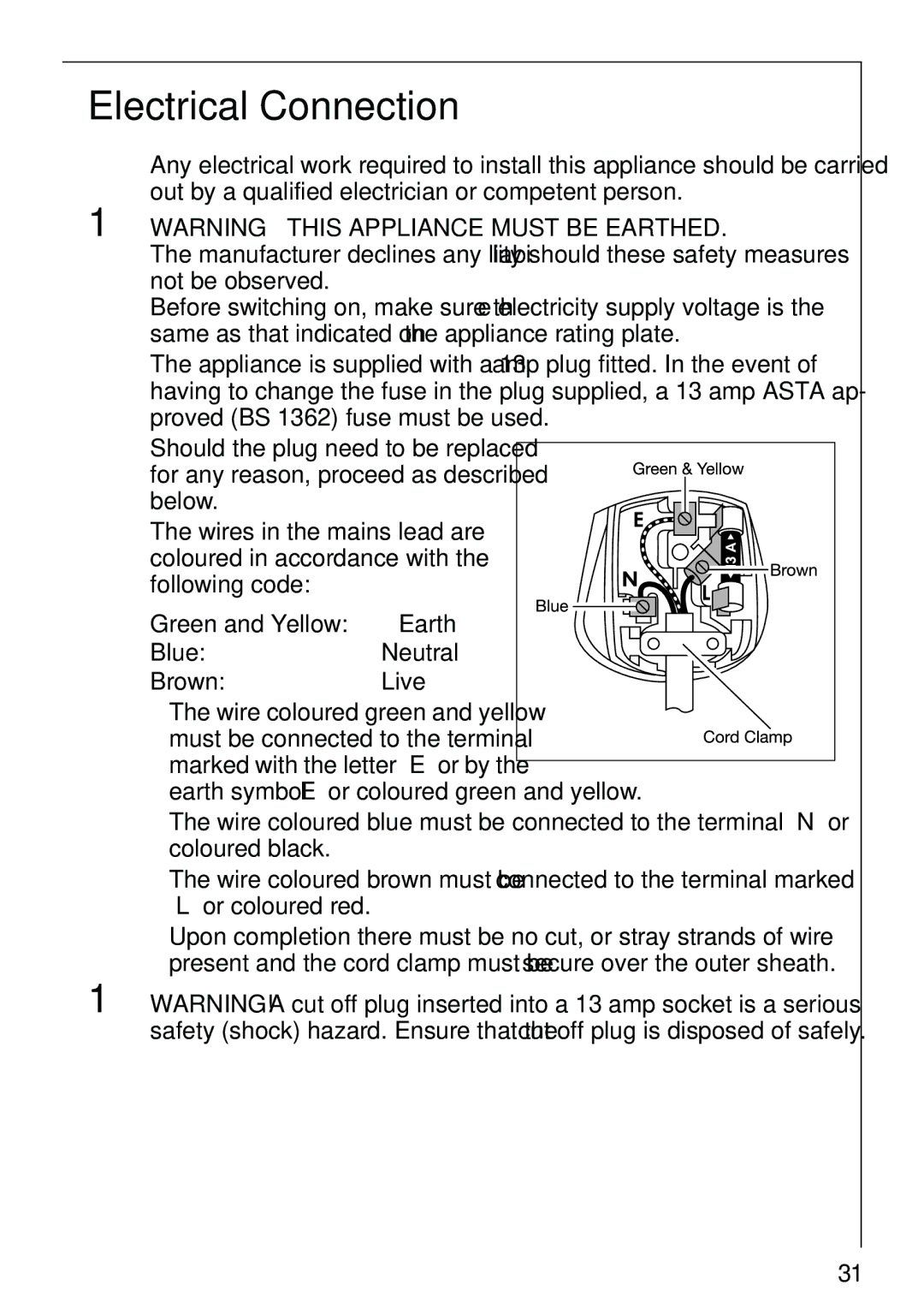 Electrolux 74825 manual Electrical Connection, Brown Live Wire coloured green and yellow 