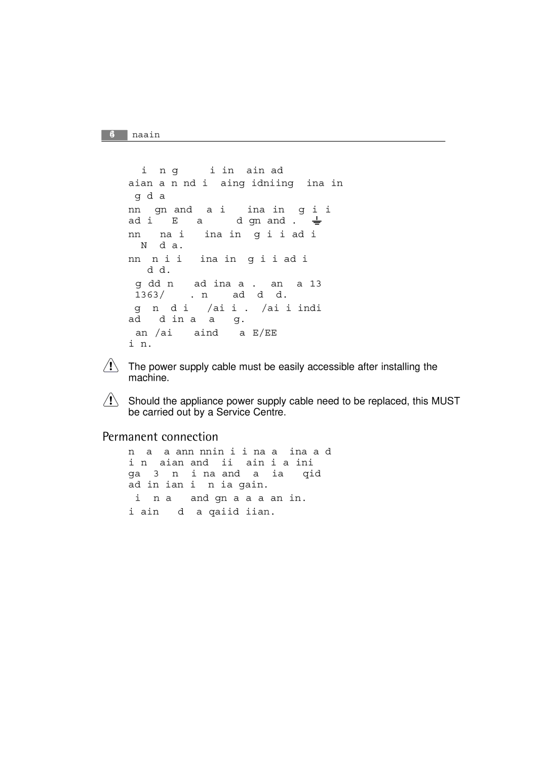 Electrolux 74850 B user manual Permanent connection 