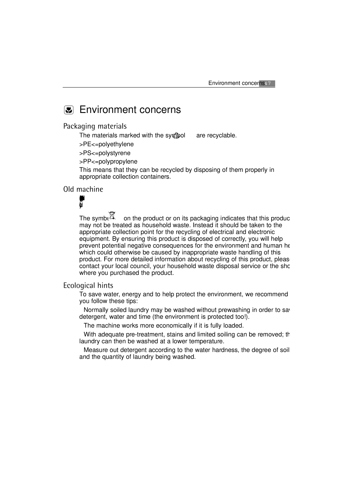 Electrolux 74850 B user manual Environment concerns, Packaging materials, Old machine, Ecological hints 