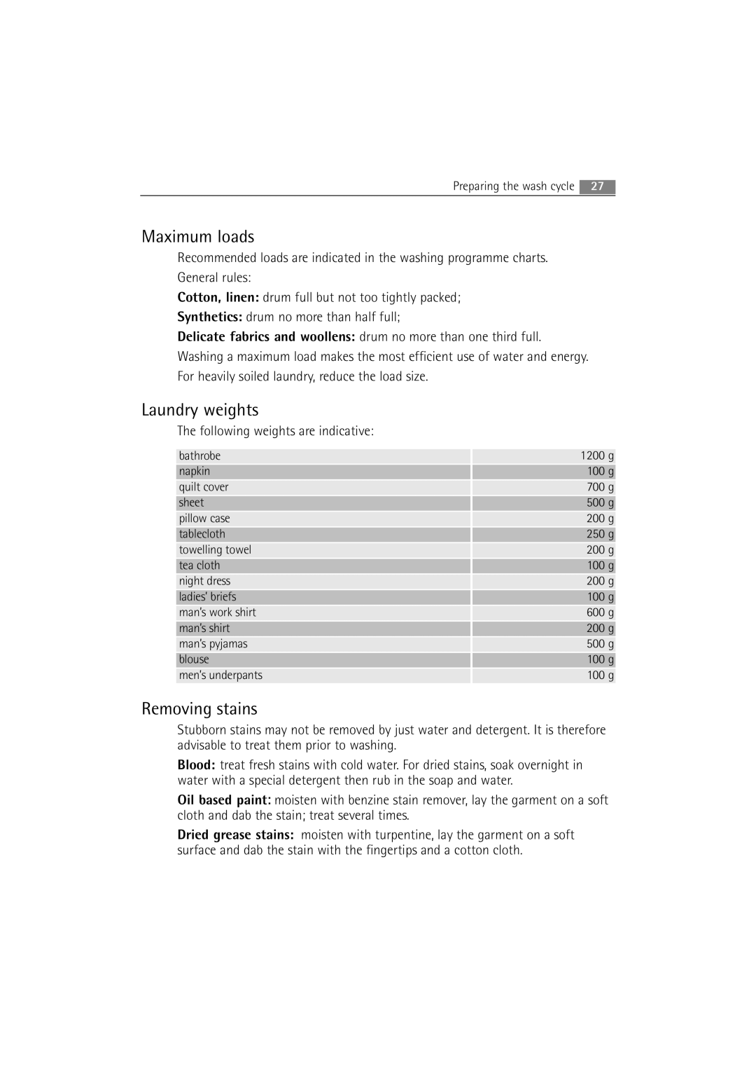 Electrolux 74950 Maximum loads, Laundry weights, Removing stains, For heavily soiled laundry, reduce the load size 