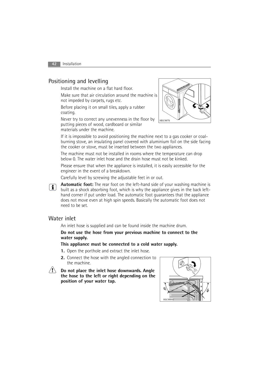 Electrolux 74950 user manual Positioning and levelling, Water inlet 