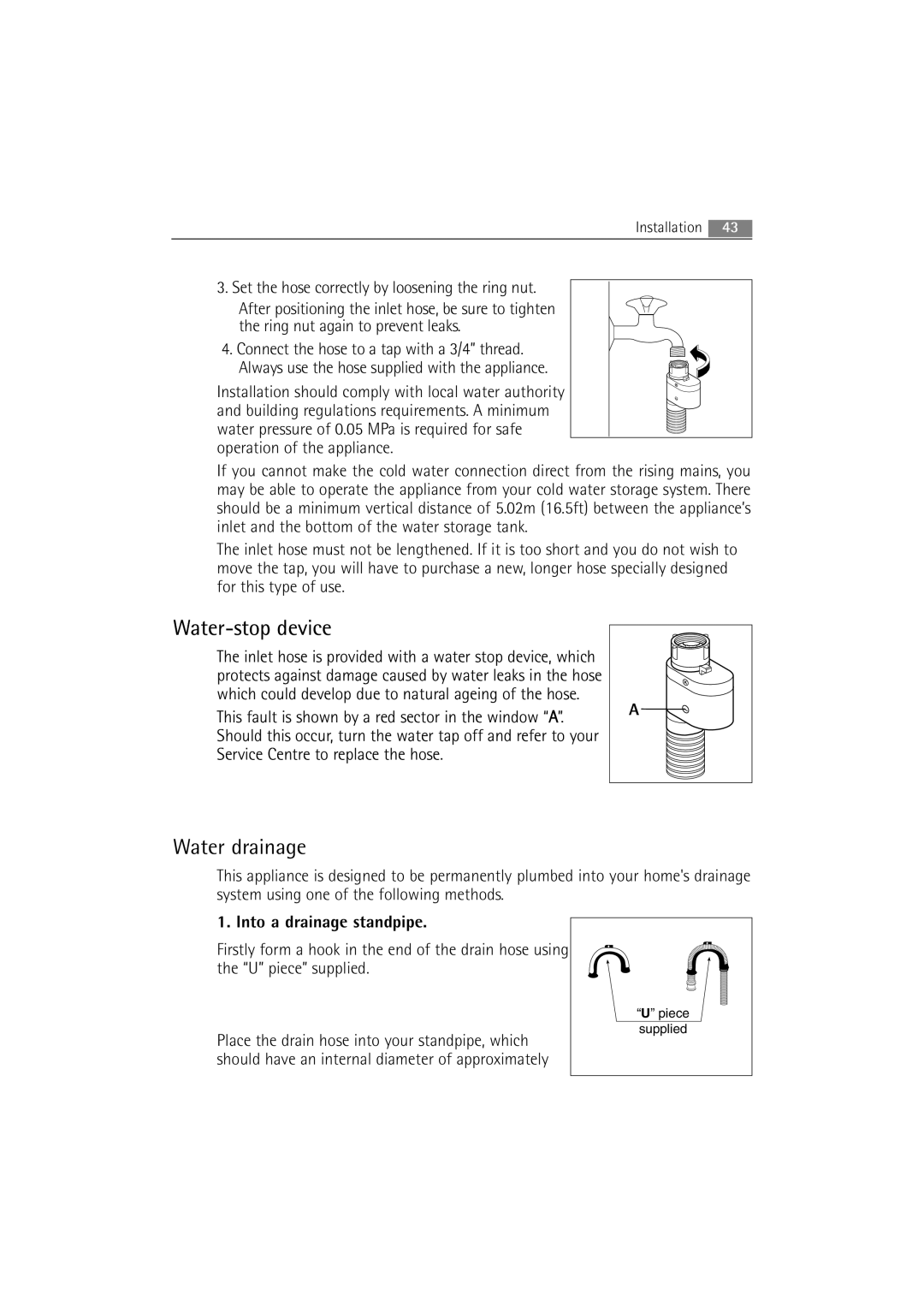 Electrolux 74950 user manual Water-stop device, Water drainage, Operation of the appliance 