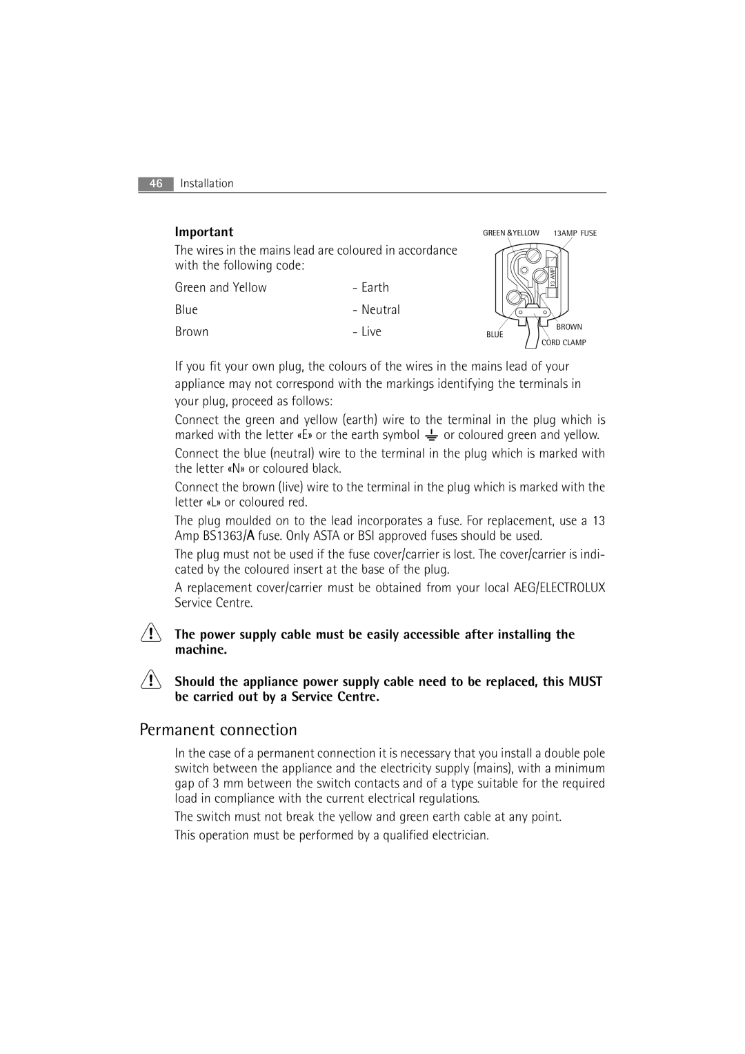 Electrolux 74950 user manual Permanent connection, Brown Live 