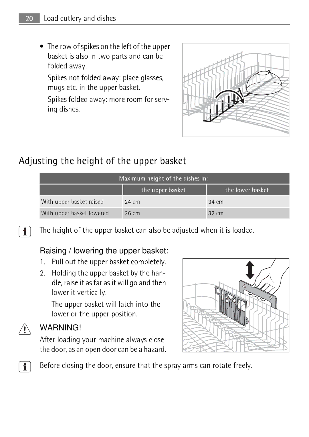 Electrolux 75011 VIL user manual Adjusting the height of the upper basket, Raising / lowering the upper basket 