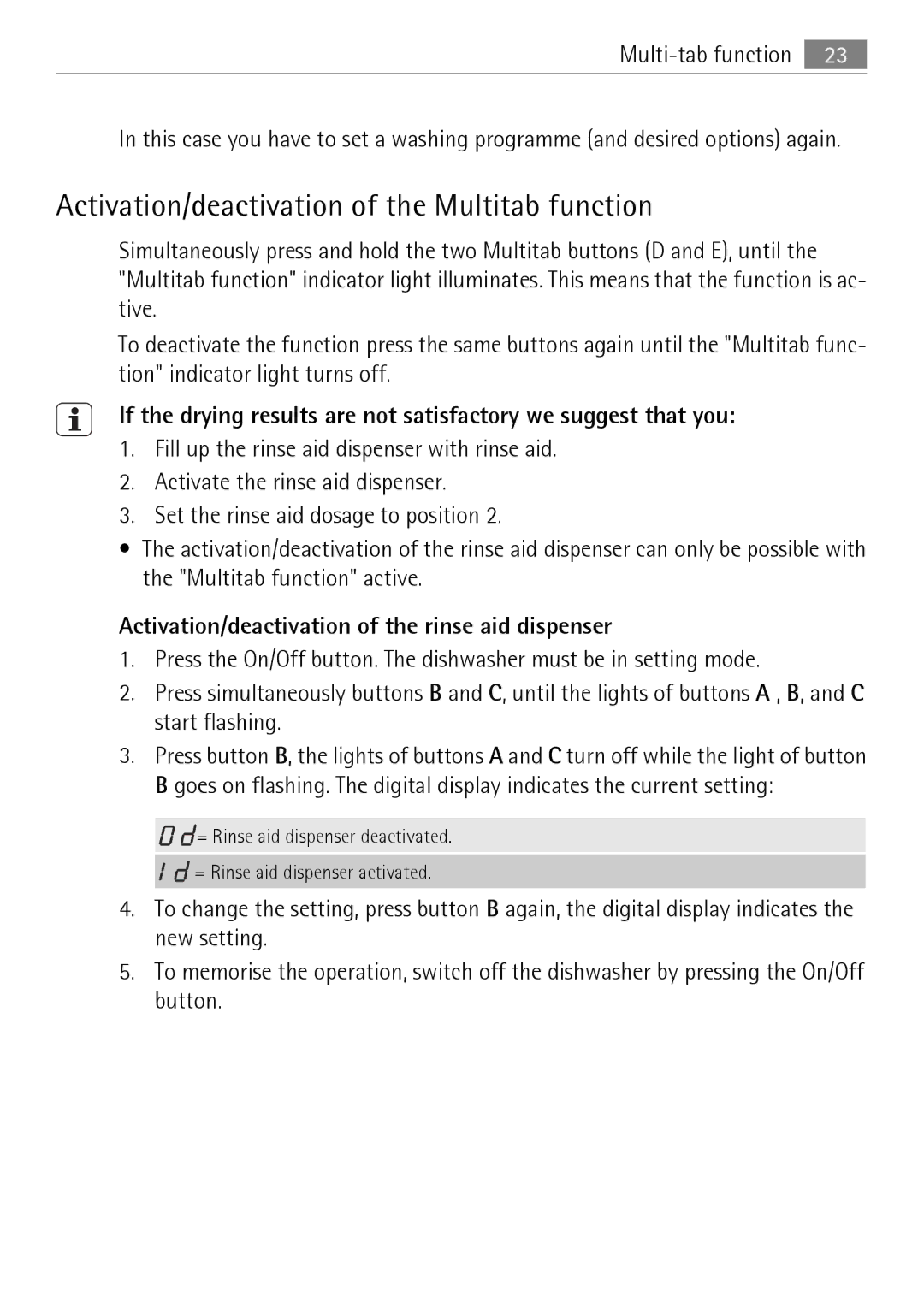 Electrolux 75011 VIL Activation/deactivation of the Multitab function, Activation/deactivation of the rinse aid dispenser 