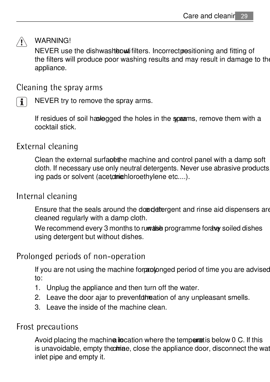 Electrolux 75011 VIL Cleaning the spray arms, External cleaning, Internal cleaning, Prolonged periods of non-operation 