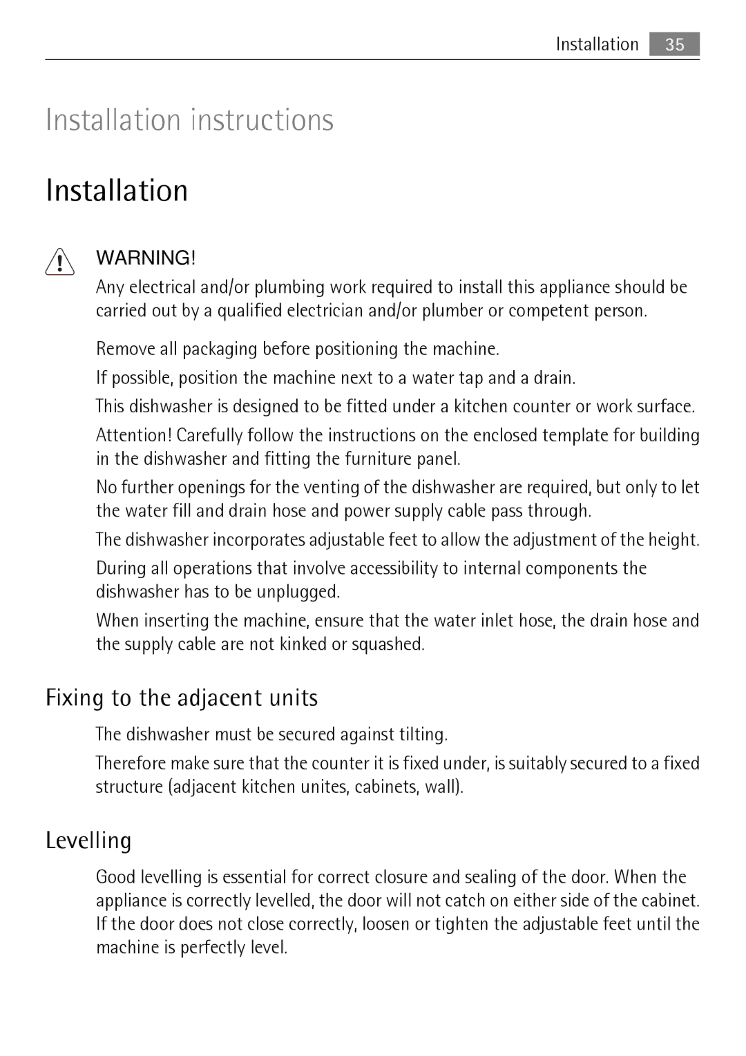 Electrolux 75011 VIL user manual Installation, Fixing to the adjacent units, Levelling 