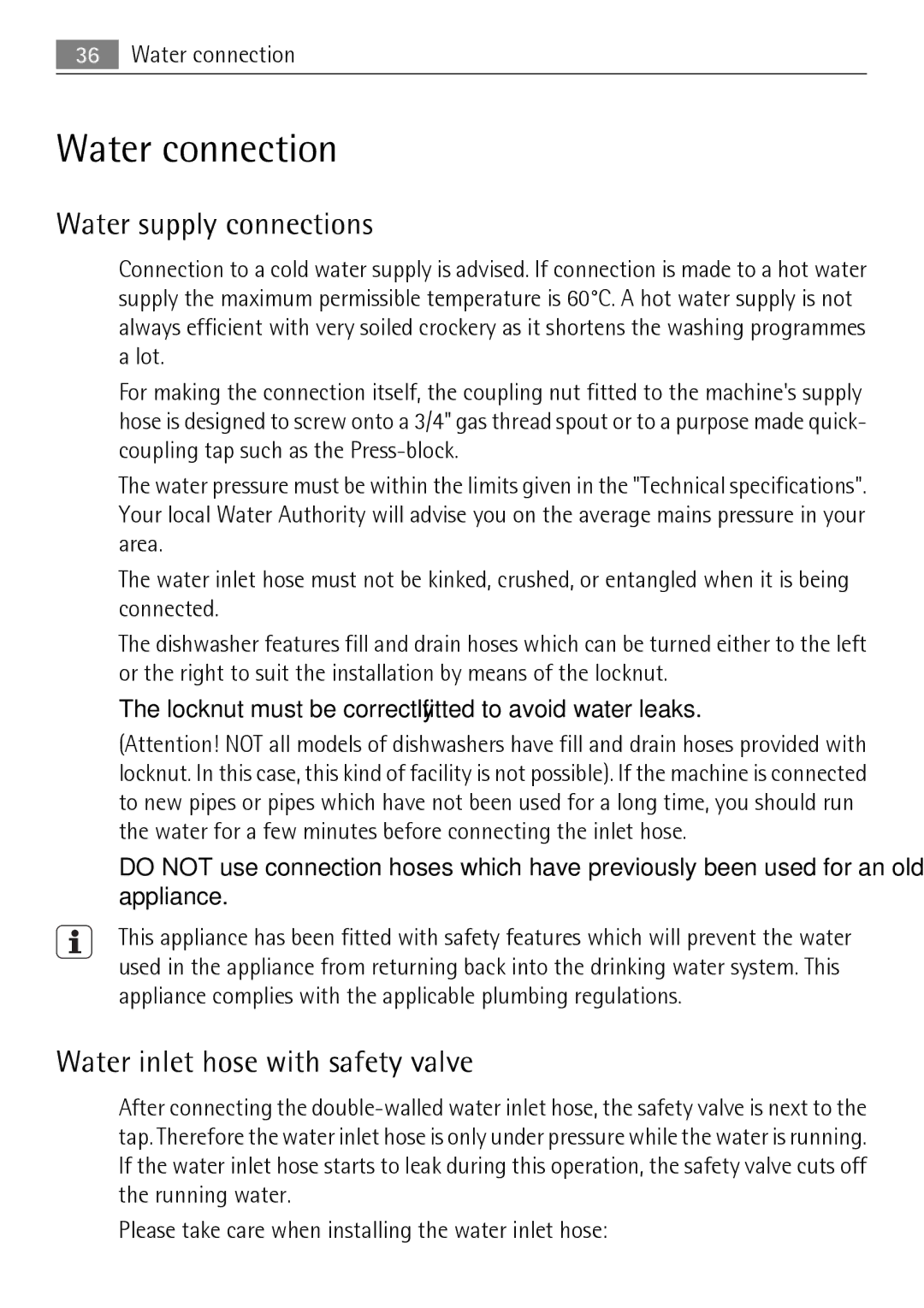 Electrolux 75011 VIL user manual Water connection, Water supply connections, Water inlet hose with safety valve 