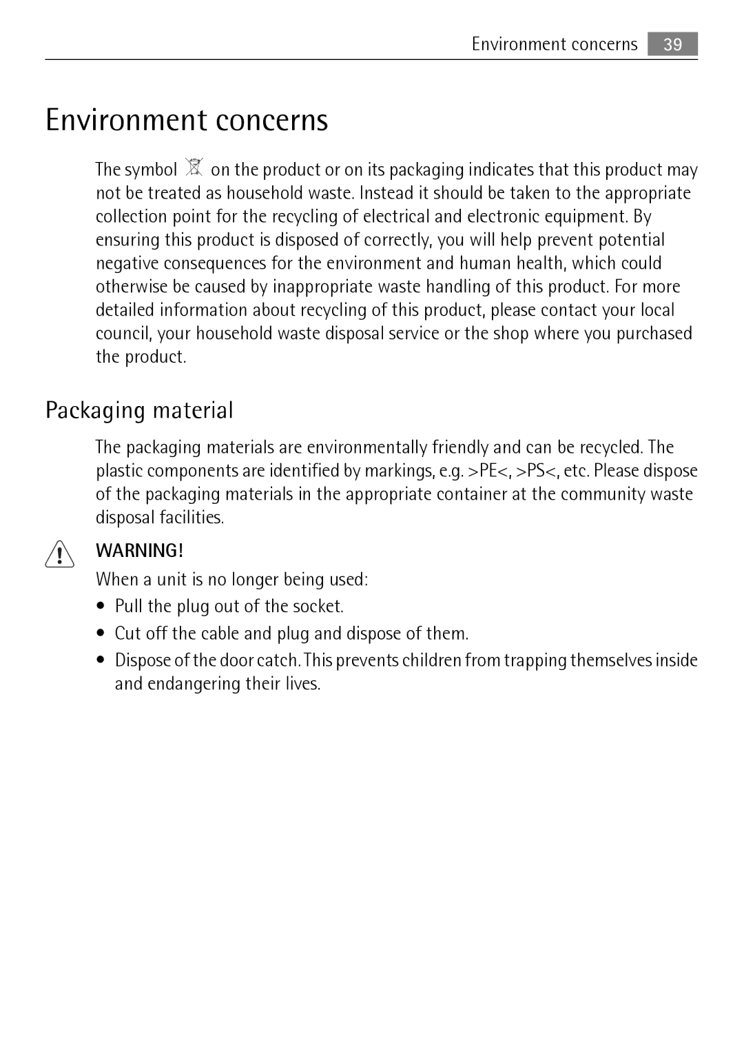 Electrolux 75011 VIL user manual Environment concerns, Packaging material 