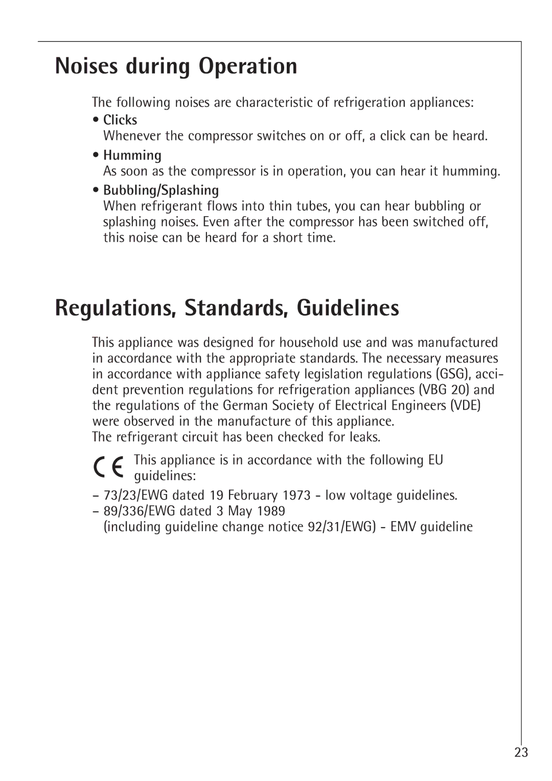 Electrolux 75100 GA Noises during Operation, Regulations, Standards, Guidelines, Clicks, Humming, Bubbling/Splashing 