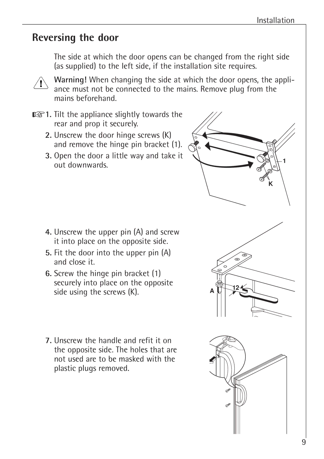 Electrolux 75100 GA operating instructions Reversing the door, Out downwards, Side using the screws K 