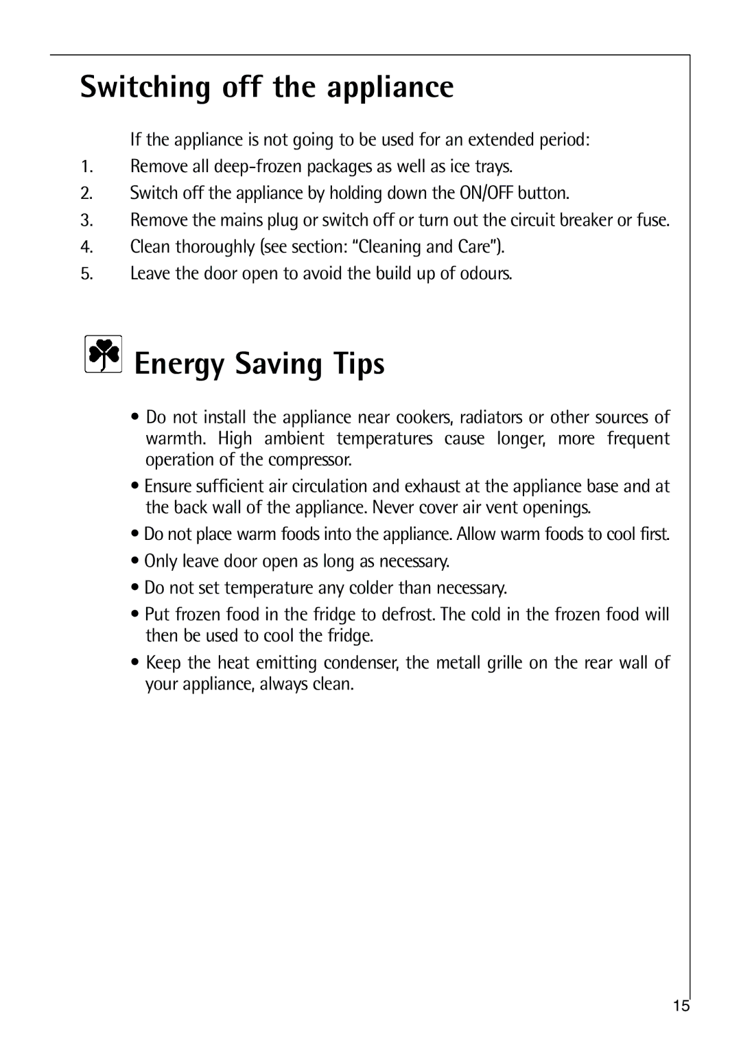 Electrolux 75270 GA user manual Switching off the appliance, Energy Saving Tips 